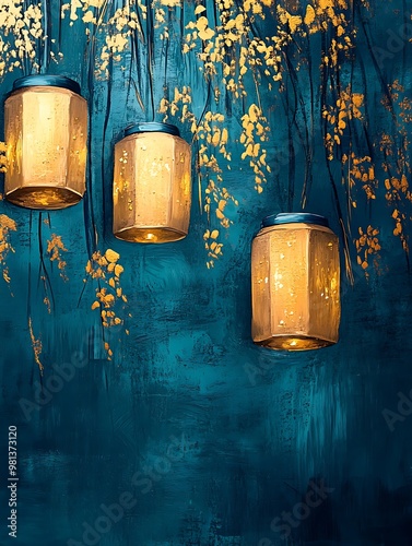 Ethereal Lanterns Against Teal and Gold Background
