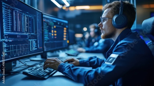 The individual is deeply engaged in data analysis, surrounded by multiple computer screens displaying complex information, while wearing headphones in a modern tech environment