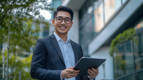 Young businessman is holding a tablet and smiling outdoors in a modern city setting