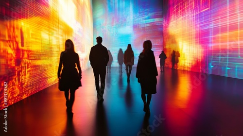 In a contemporary gallery, people wander beneath vibrant large-scale digital art installations, engaging with the colorful, immersive environment photo