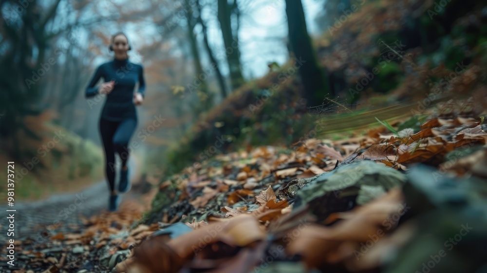 Hiker exploring lush forest trail in autumn scenery Woman running on dirt path surrounded by vibrant fall foliage and towering trees in peaceful natural setting Hiker exploring lush forest trail in autumn scenery Woman running on dirt path surrounded by vibrant fall foliage and towering trees in peaceful natural setting