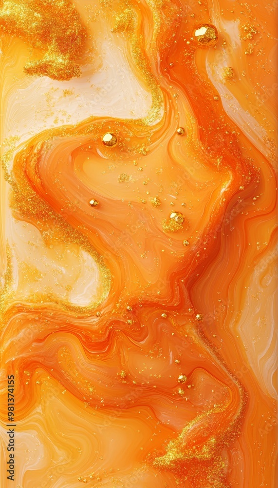 Abstract Background, Orange And Gold Liquid Paint Abstract Art With Sparkling Golden Swirls Abstract Background, Orange And Gold Liquid Paint Abstract Art With Sparkling Golden Swirls