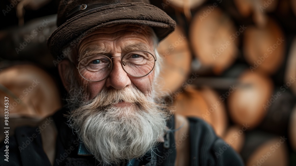 An elderly man with a white beard and glasses sits comfortably in a rustic environment An elderly man with a white beard and glasses sits comfortably in a rustic environment