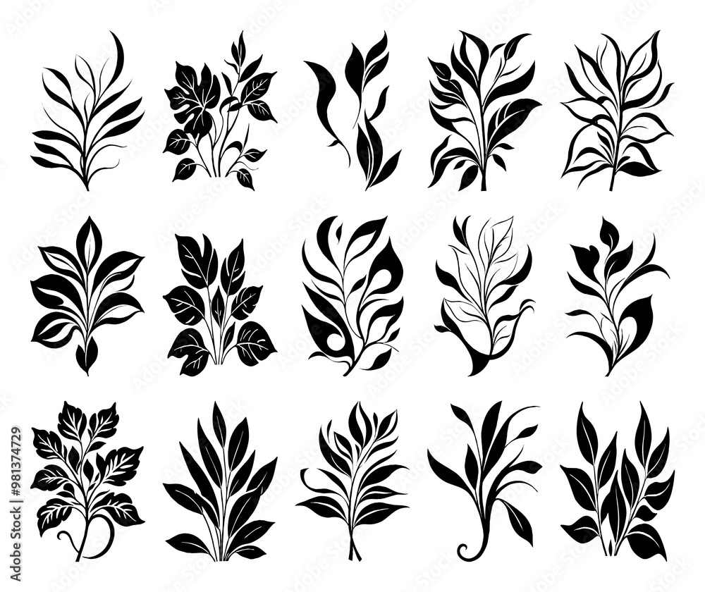 Black and white botanical pattern. For use in graphics, materials. Abstract plant shapes. Minimalist illustration for printing on wall decorations. Black and white botanical pattern. For use in graphics, materials. Abstract plant shapes. Minimalist illustration for printing on wall decorations.