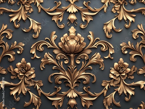 Intricately Designed Damask Pattern with Ornate Floral Motifs and Swirling Metallic Embellishments in 3D Rendered photo