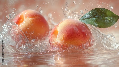 Peaches Splashing into Water with a Green Leaf