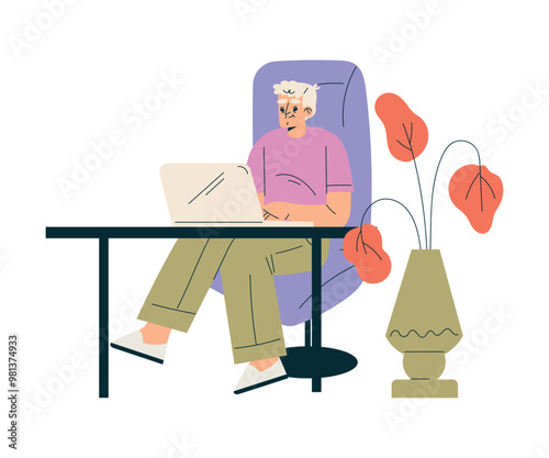 Senior Man Character Sit at Desk with Laptop Vector Illustration