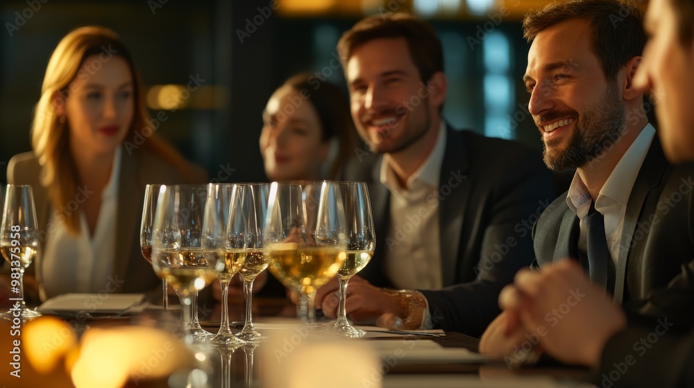 A diverse group of professionals in formal attire discusses strategies around a large table, enjoying beverages in a sophisticated evening atmosphere A diverse group of professionals in formal attire discusses strategies around a large table, enjoying beverages in a sophisticated evening atmosphere