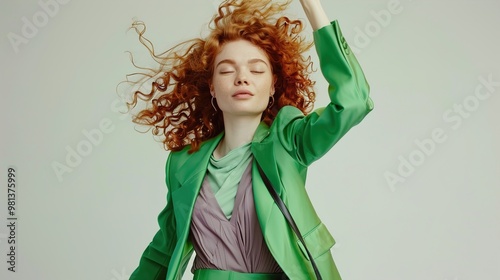 Red curly-haired lady in a lilac top and green suit, posing energetically while waving her jacket in a photo studio, with a stylish bag on her side, set against a clean white background.