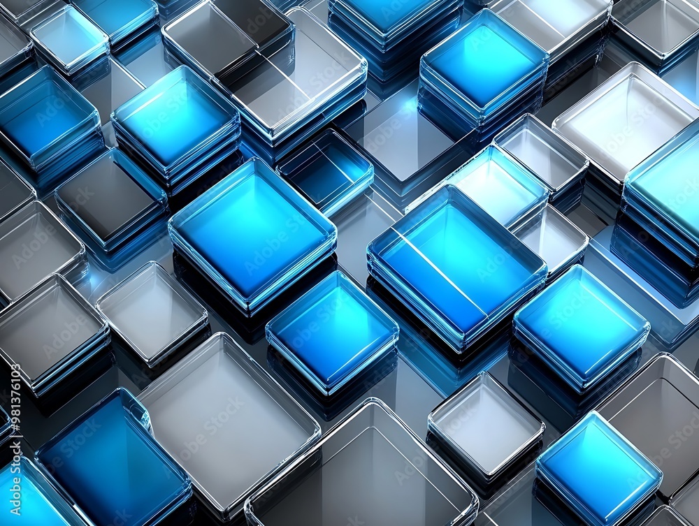 Vibrant blue and grey glossy squares arranged in random geometric patterns create a modern abstract tech design with layered transparent materials on a sleek background.