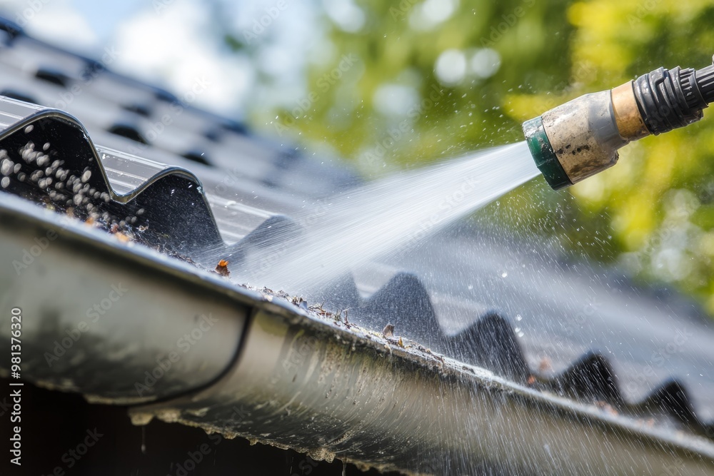 custom made wallpaper toronto digitalThis image captures water powerfully spraying from a hose onto a roof gutter, framed by vibrant lush greenery, highlighting the importance of maintenance and cleanliness in an outdoor setting