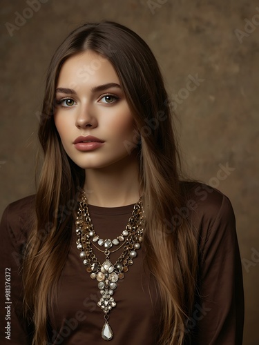 Fashion model with long brown hair showcasing stylish accessories.