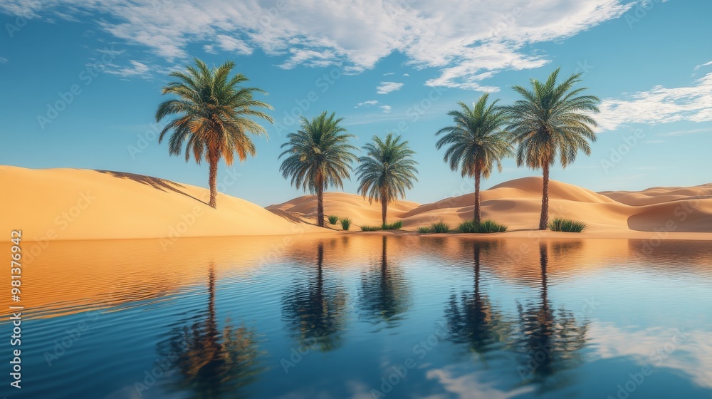 Palm Trees Reflecting in a Still Oasis Pool in the Desert Palm Trees Reflecting in a Still Oasis Pool in the Desert