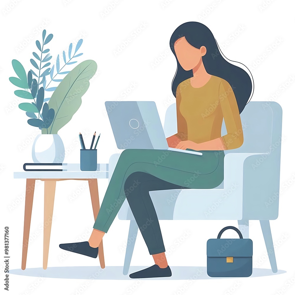 A flat-style illustration of a woman focused on her laptop. Ideal for work-from-home, business, tech, or freelance-related designs. Clean and simple composition on a white background. A flat-style illustration of a woman focused on her laptop. Ideal for work-from-home, business, tech, or freelance-related designs. Clean and simple composition on a white background.