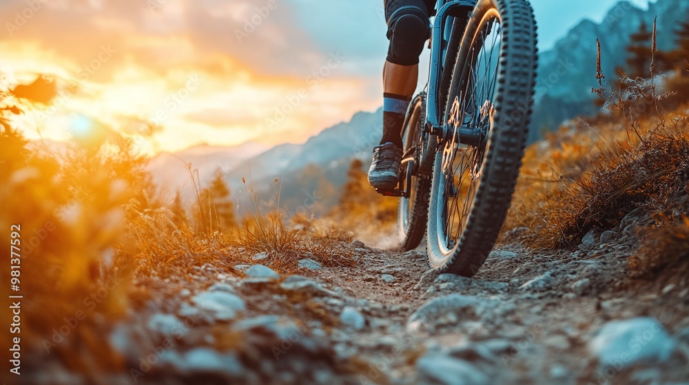 Naklejka premium sunset adventure with a mountain biker navigating a challenging trail, featuring a dynamic action shot that emphasizes the thrill, speed, and endurance of outdoor sports in nature
