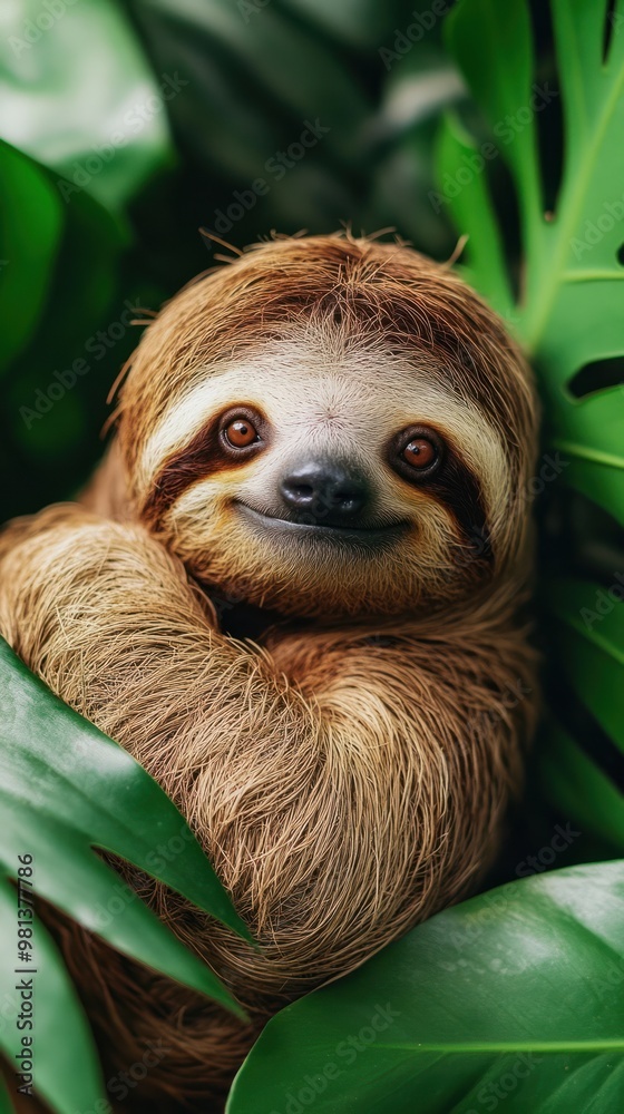 Fototapeta premium Smiling Sloth Relaxing Among Lush Green Leaves