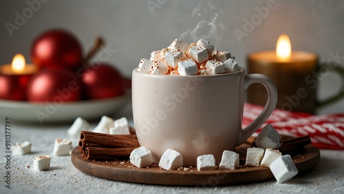 Festive hot cocoa with marshmallows against a white background.