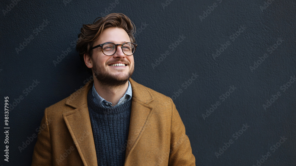 Fototapeta premium Smiling young professional in glasses and a brown coat gazes upward with hope and optimism