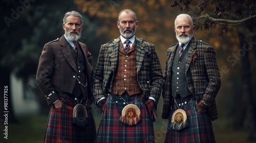 Three men stand together, showcasing their traditional Scottish attire with matching kilts, jackets, and waistcoats. Their confident poses and the natural backdrop highlight their cultural heritage photo