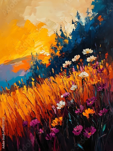 Vibrant Abstract Landscape with Colorful Flowers