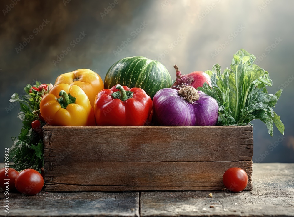 Wooden box with colorful vegetables on a wooden table, green bokeh background, space for text. Wooden box with colorful vegetables on a wooden table, green bokeh background, space for text.