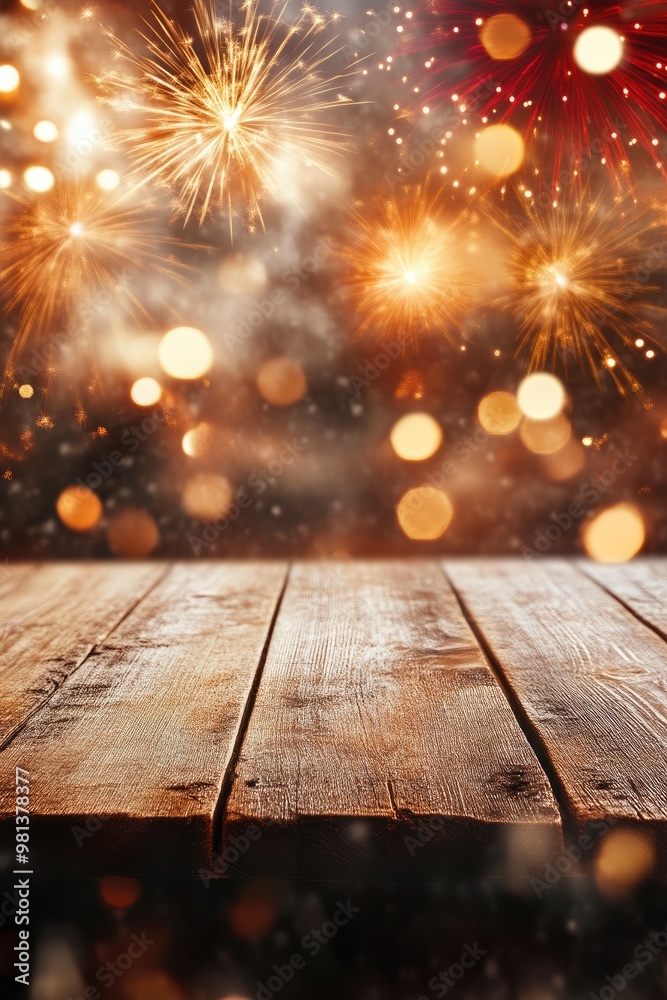 Blurry New Year Fireworks Behind Detailed Wooden Table Blurry New Year Fireworks Behind Detailed Wooden Table