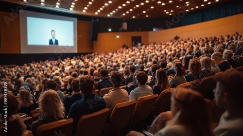 A vast audience fills the rows of chairs in a conference hall, attentively watching a presentation on a large screen. The atmosphere is focused and engaged