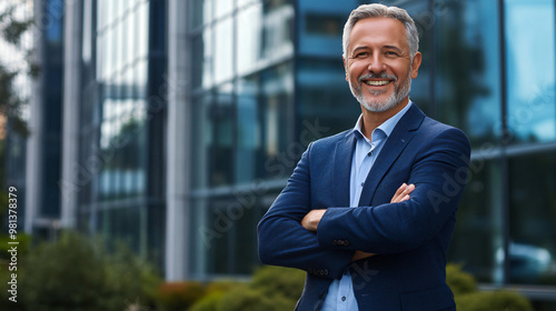 Confident mature businessman smiling with folded arms outside an office building