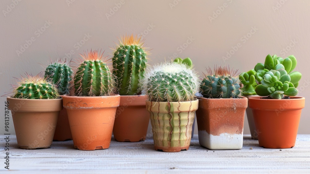 A Colorful Variety of Beautifully Arranged Cacti in Terracotta Pots Resting on a Rustic Wood Surface A Colorful Variety of Beautifully Arranged Cacti in Terracotta Pots Resting on a Rustic Wood Surface