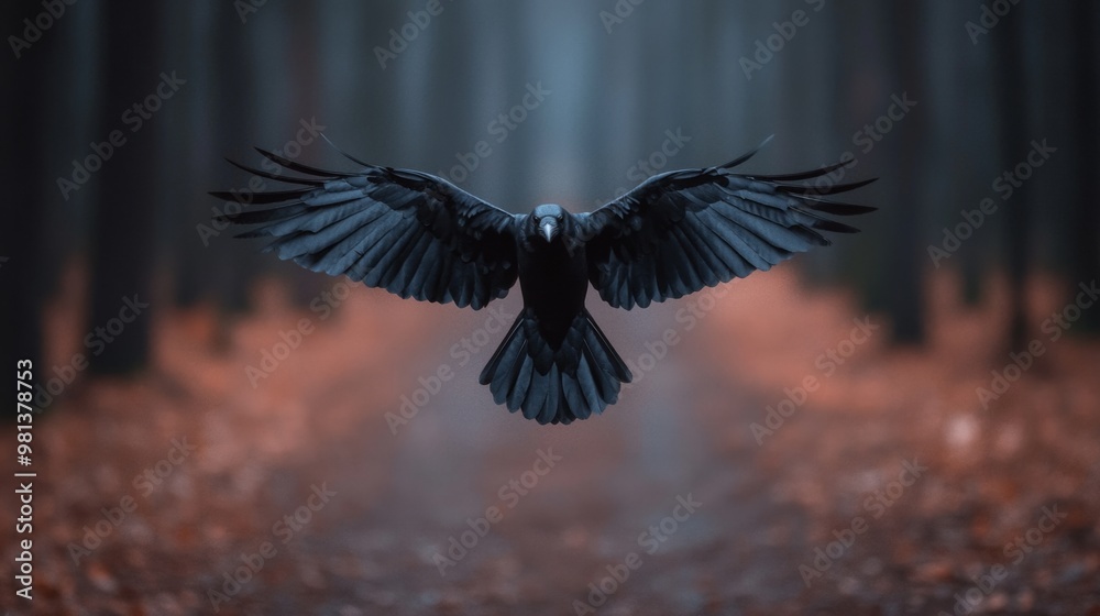 Naklejka premium Majestic Crow in Enchanted Forest Setting