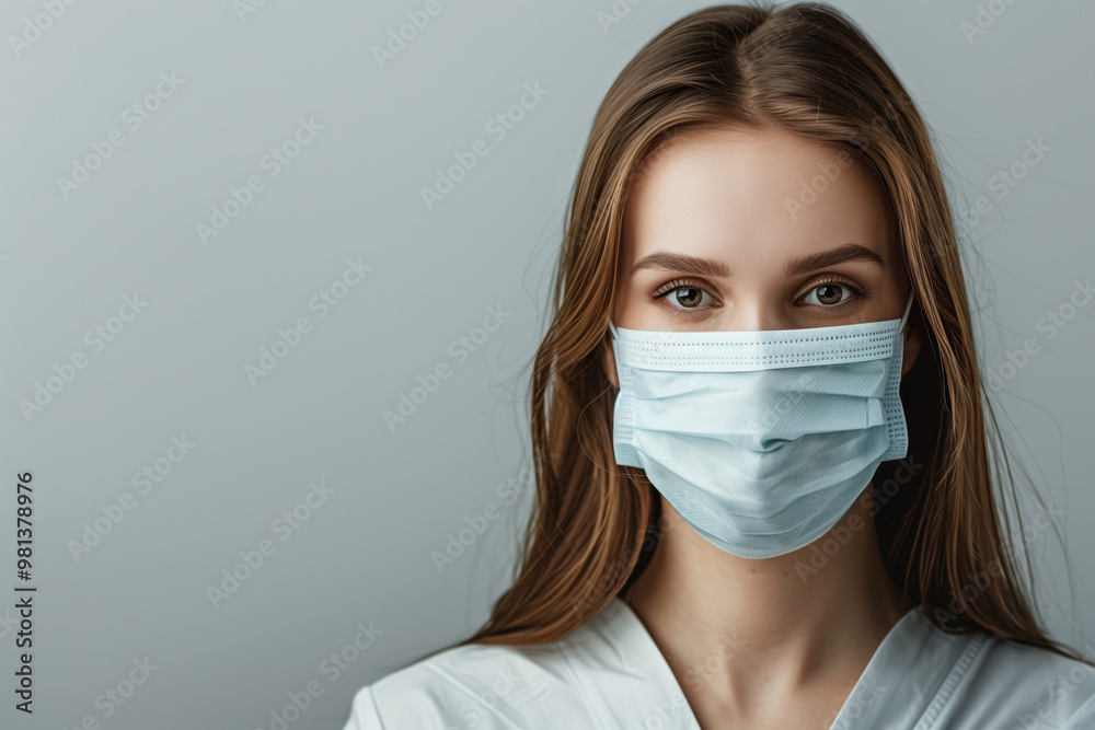 A woman wearing a medical mask looking at the camera over a grey background. A woman wearing a medical mask looking at the camera over a grey background.