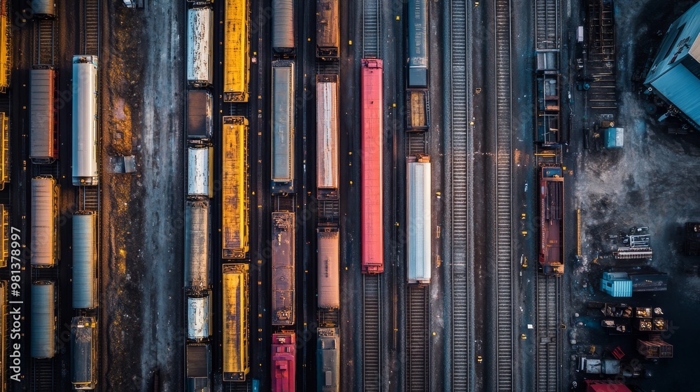 Obraz premium The train yard features an array of colorful freight cars arranged neatly on tracks, surrounded by industrial structures, illustrating a lively transportation hub