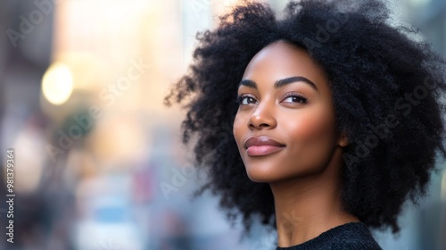 An attractive black woman with beautiful natural hair gazes confidently, softly lit against an out-of-focus city street background, capturing a serene urban moment