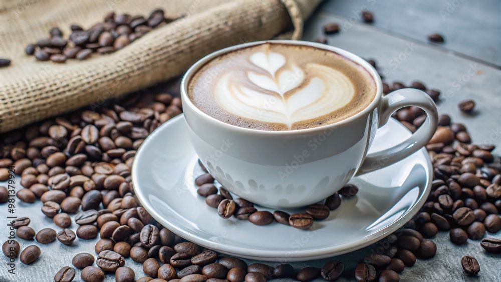 A close-up of a cappuccino in a white cup, featuring beautiful latte art on top. Surrounded by coffee beans and a rustic burlap sack, the scene highlights the warmth and richness of coffee culture. A close-up of a cappuccino in a white cup, featuring beautiful latte art on top. Surrounded by coffee beans and a rustic burlap sack, the scene highlights the warmth and richness of coffee culture.