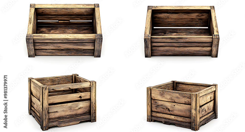 wooden crates, white background, front and rear views, side views, top-down views,