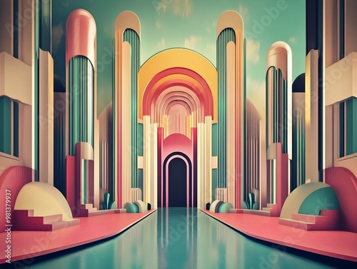 Wallpaper Mural Futuristic Art Deco Architecture Corridor with Vibrant Geometric Shapes and Colors Torontodigital.ca