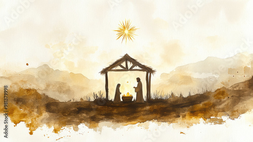 A serene nativity scene with Mary, Joseph, and baby Jesus under a glowing star photo