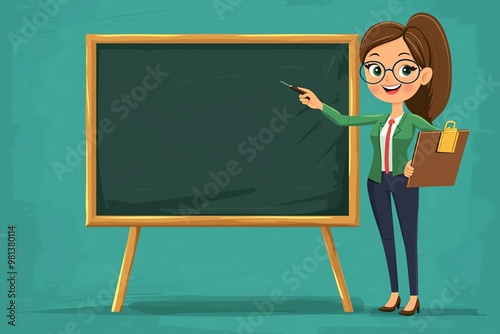 Teacher Smiling Next to Chalkboard with Speech Bubble – A Cartoon Illustration Representing Classroom Teaching, Education, and Knowledge Sharing