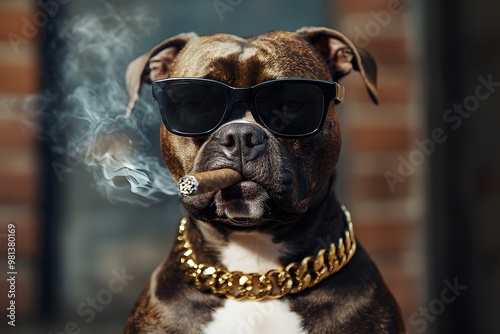 serious and cool dog smoking cigar and smoke around him and wearing black sunglasses and gold chain around his neck photo
