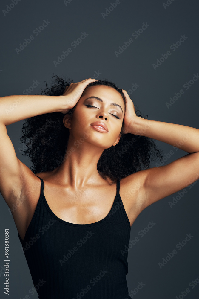 Woman, face and beauty with makeup in studio for natural glow, healthy skin and mockup space. African model, person and cosmetics with skincare collagen treatment and dermatology on gray background Woman, face and beauty with makeup in studio for natural glow, healthy skin and mockup space. African model, person and cosmetics with skincare collagen treatment and dermatology on gray background