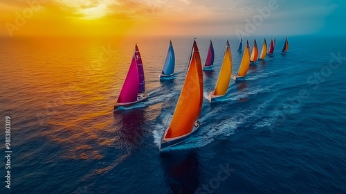 sports sailboats race across the open sea, their sleek, colorful sails cutting through the water as waves crash against the boats photo