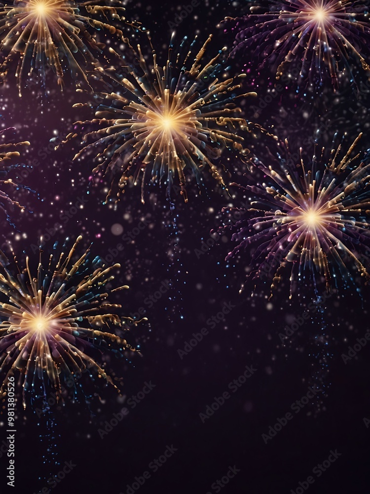 Fireworks on a deep purple background with shimmering lights. Fireworks on a deep purple background with shimmering lights.