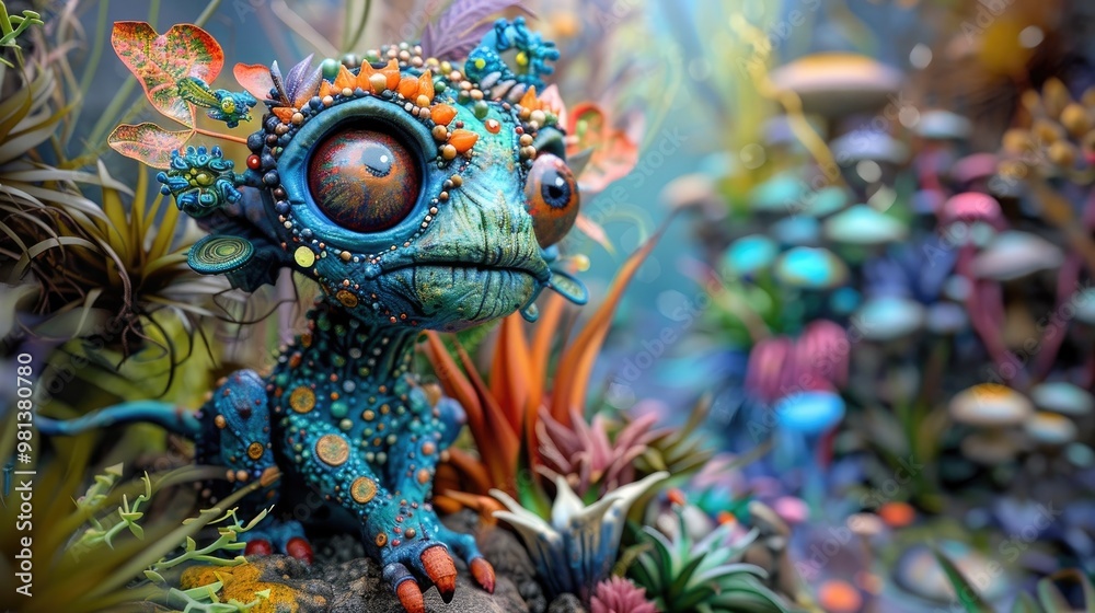Fototapeta premium Captivating digital of a fantastical reptile like creature with mesmerizing eyes vibrant scales and intricate textures blending seamlessly into a lush whimsical jungle environment
