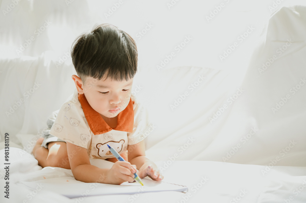 3 years old asian boy is drawing a picture of his cat in living room 3 years old asian boy is drawing a picture of his cat in living room