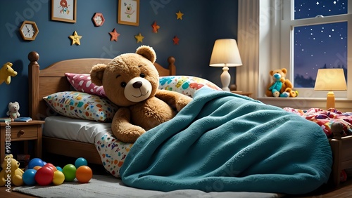 A teddy bear is tucked in bed in a child's bedroom, ready for sleep. photo