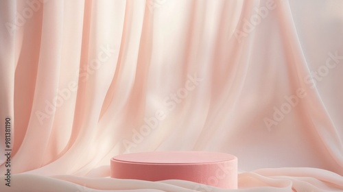 A pink fabric podium rests centrally in a minimalistic product display, surrounded by soft flowing drapery and warm, inviting lighting that enhances the atmosphere