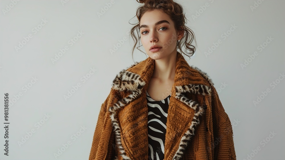 Stylish young woman in a fashionable brown coat with a zebra print dress, posing on a white background. Stylish young woman in a fashionable brown coat with a zebra print dress, posing on a white background.
