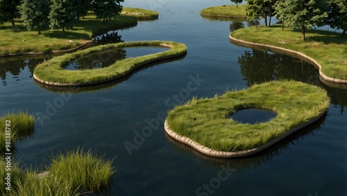 Floating 3D land with grass and a pond for eco-tourism.
