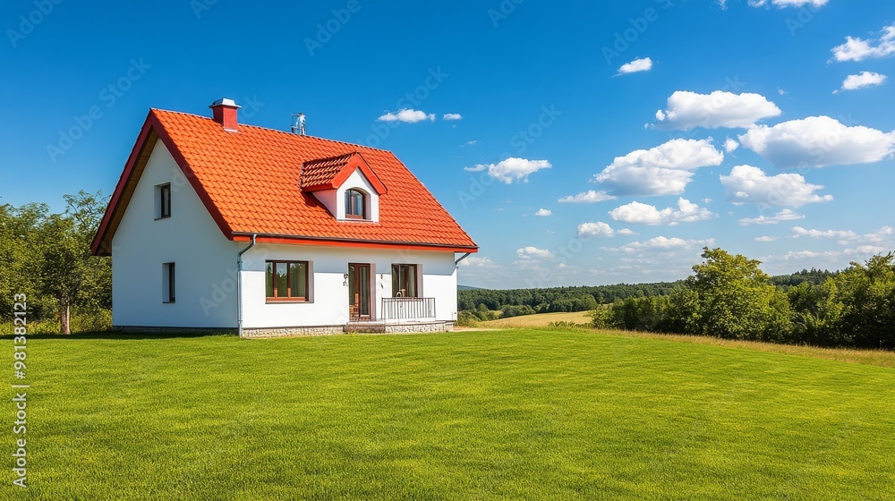 A small, charming white house with a vibrant red roof stands proudly on a beautifully manicured green lawn, surrounded by tranquil countryside and blue skies A small, charming white house with a vibrant red roof stands proudly on a beautifully manicured green lawn, surrounded by tranquil countryside and blue skies