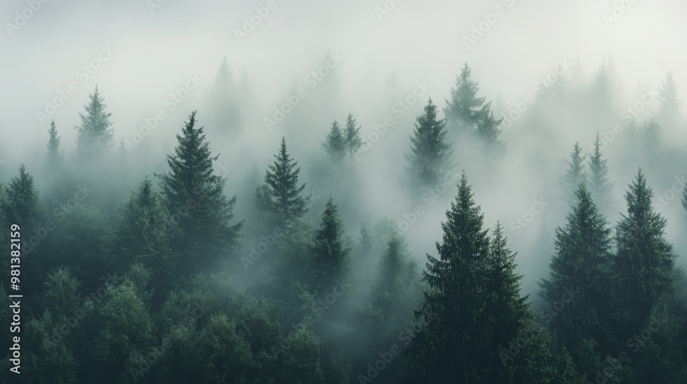 A tranquil evergreen forest enveloped in mist features tall, shadowy trees stretching toward the sky, creating a serene and mysterious atmosphere A tranquil evergreen forest enveloped in mist features tall, shadowy trees stretching toward the sky, creating a serene and mysterious atmosphere